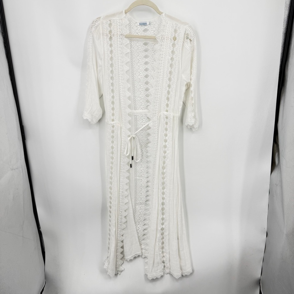 Blue Island Cover Up Dress‎ white Guaze Crochet Semi Sheer Tassle Boho sz S